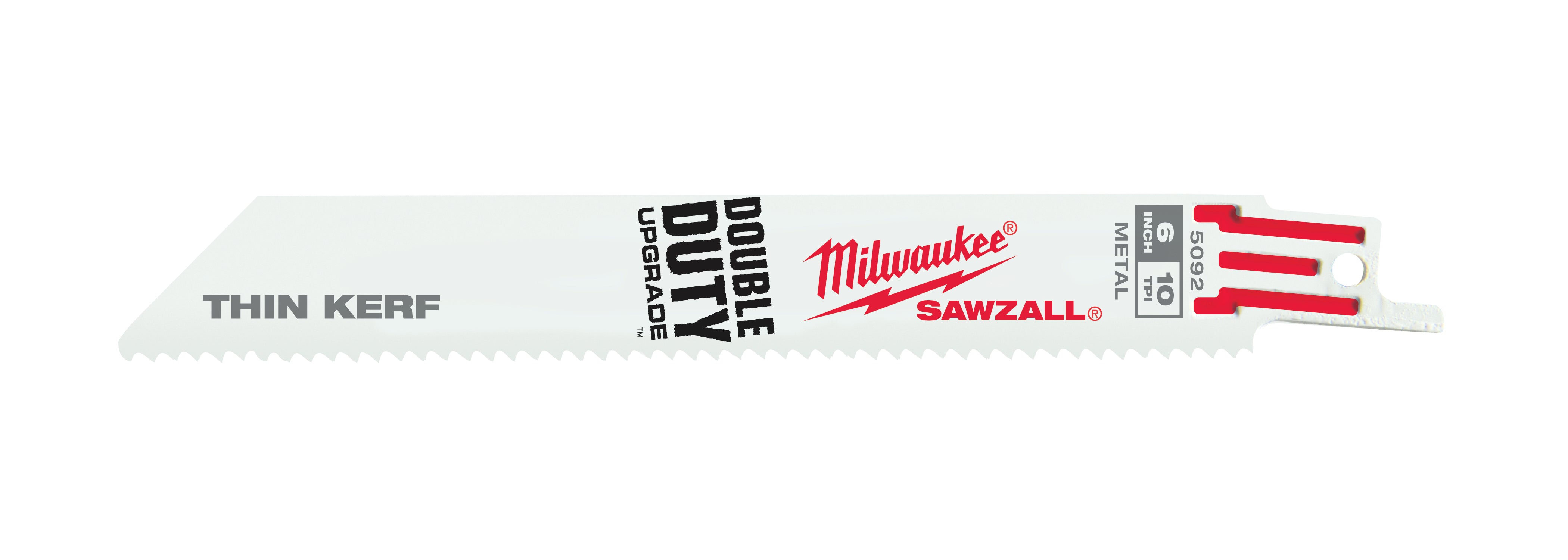 Milwaukee SAWZALL thin kerf reciprocating saw blade with 10 TPI teeth and red tang handle.