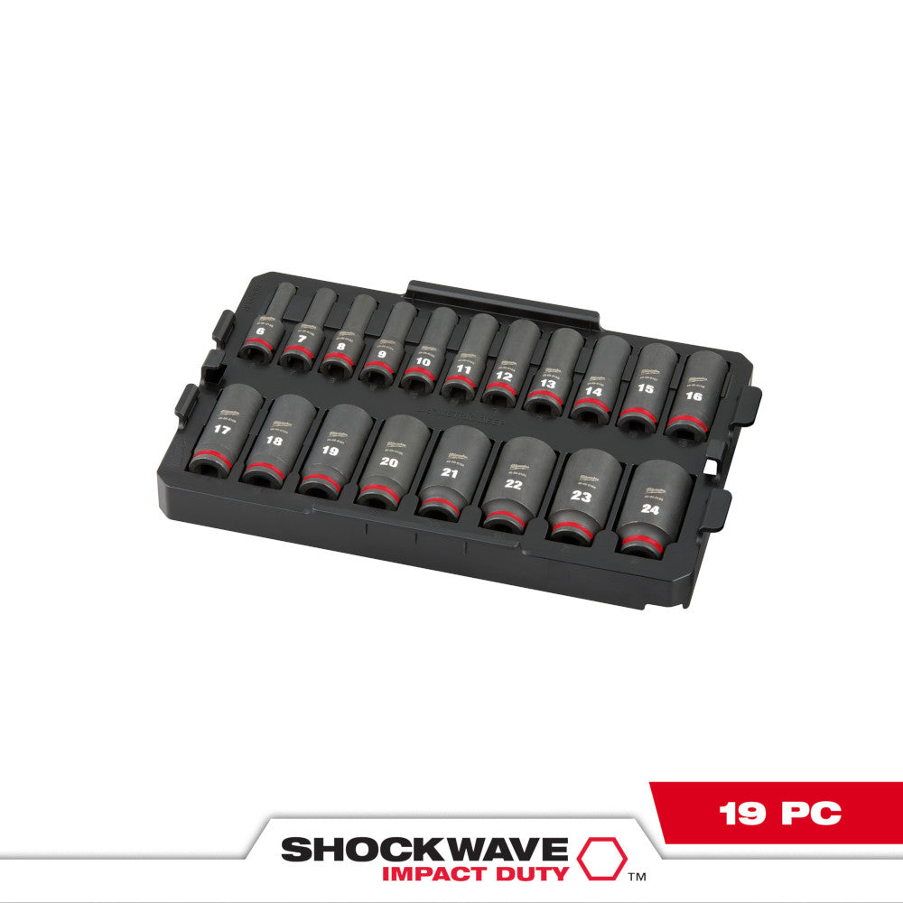 Black plastic tray containing 19 metric socket bits with red bands, labeled with sizes from 6mm to 24mm.