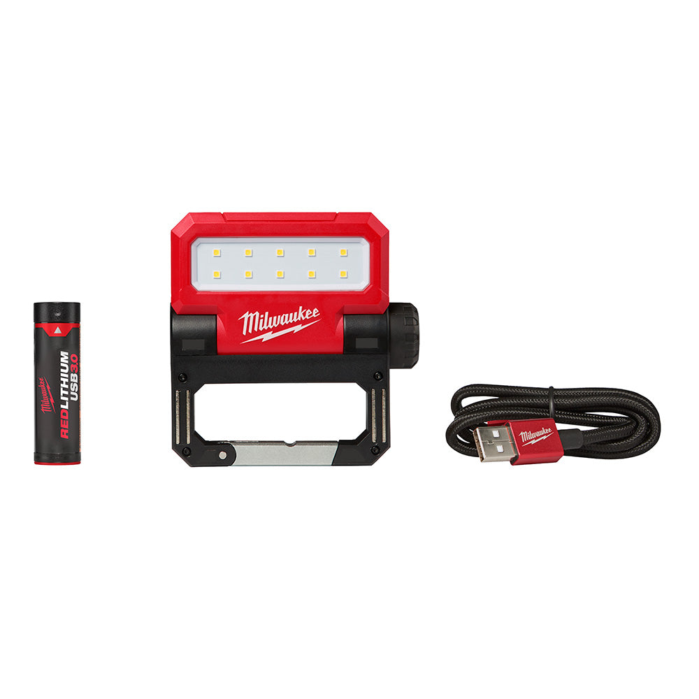 Red and black LED flood light with ten white LEDs, USB charging cable, and rechargeable battery pack.