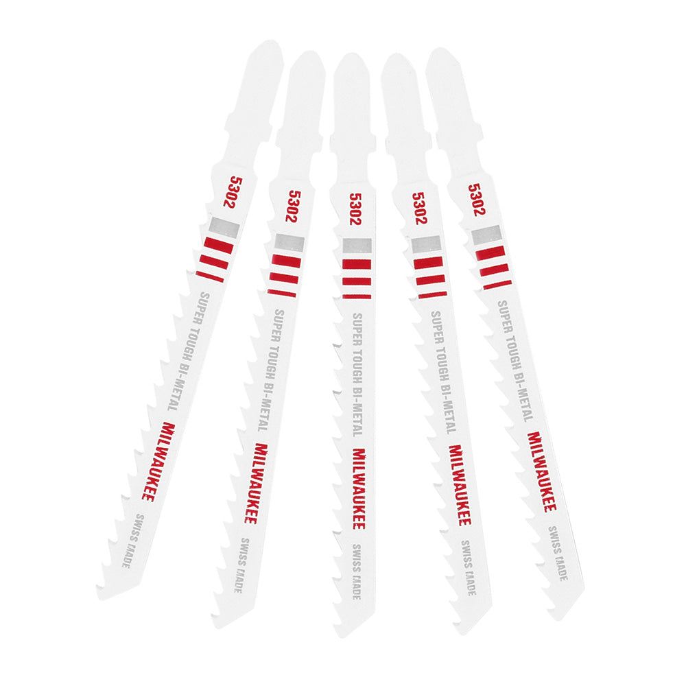 Five Milwaukee bi-metal jig saw blades with red and white striped shanks and metal cutting teeth arranged in a row.