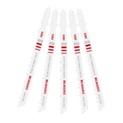 Five Milwaukee bi-metal jig saw blades with red and white striped shanks and metal cutting teeth arranged in a row.