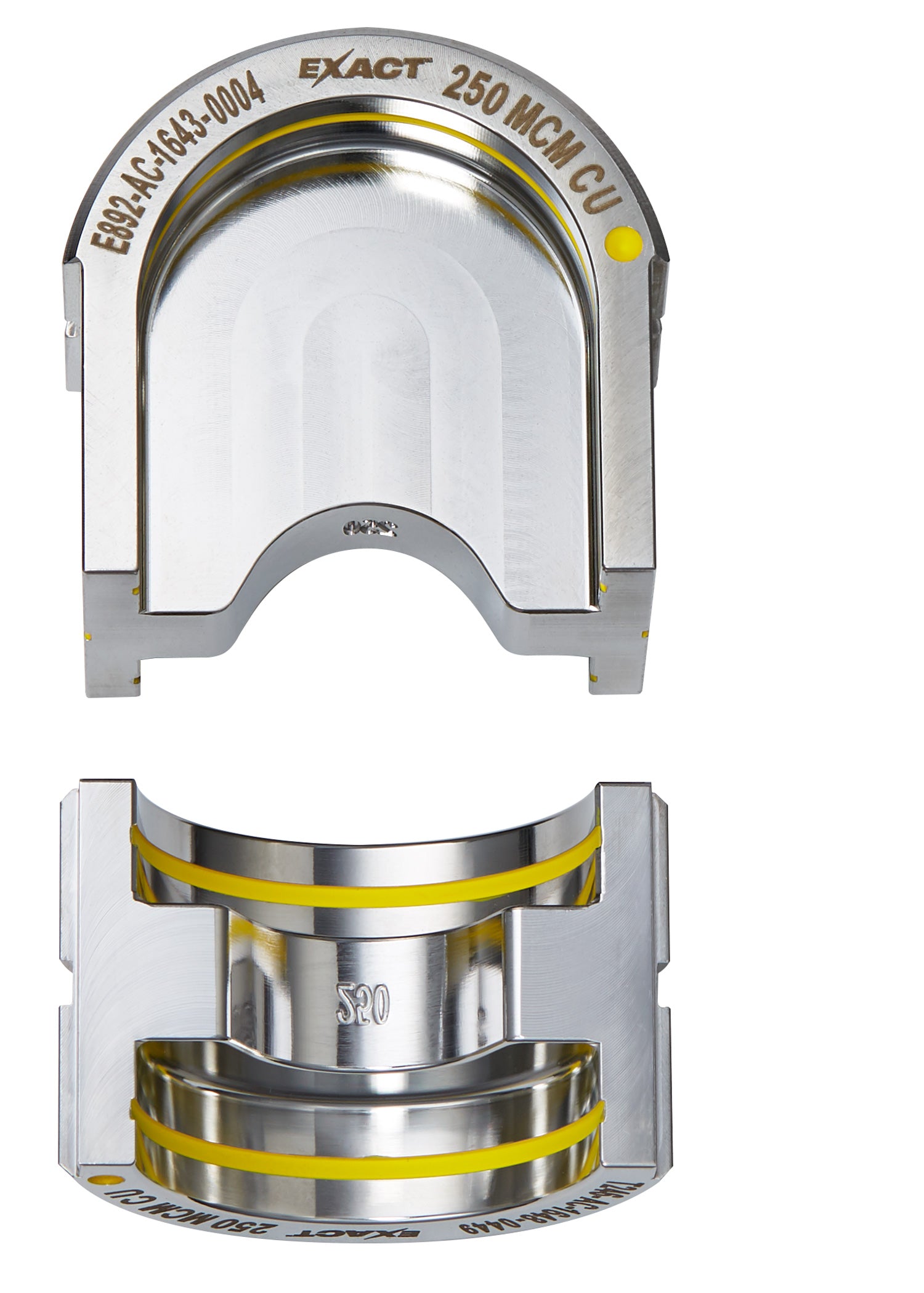 Milwaukee EXACT 250 MCM copper U-style die with gray metal housing and yellow bands shown from top and bottom views.