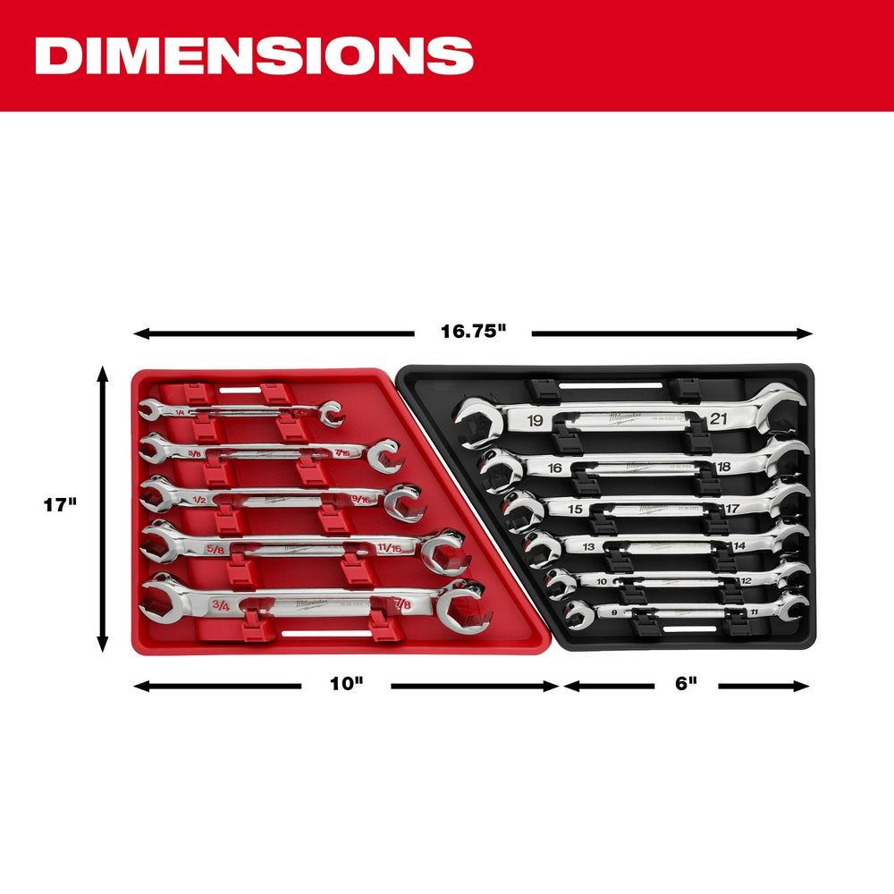 Six metric double end flare nut wrenches in red and black molded case with dimensions 16.75" x 17".