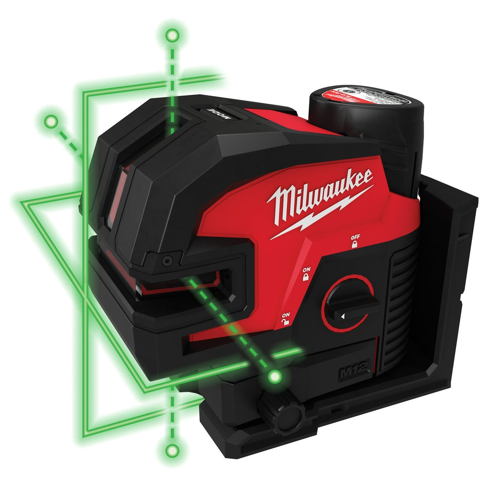 Milwaukee M12 laser level with red and black housing projecting green cross lines and four-point laser pattern on white backg