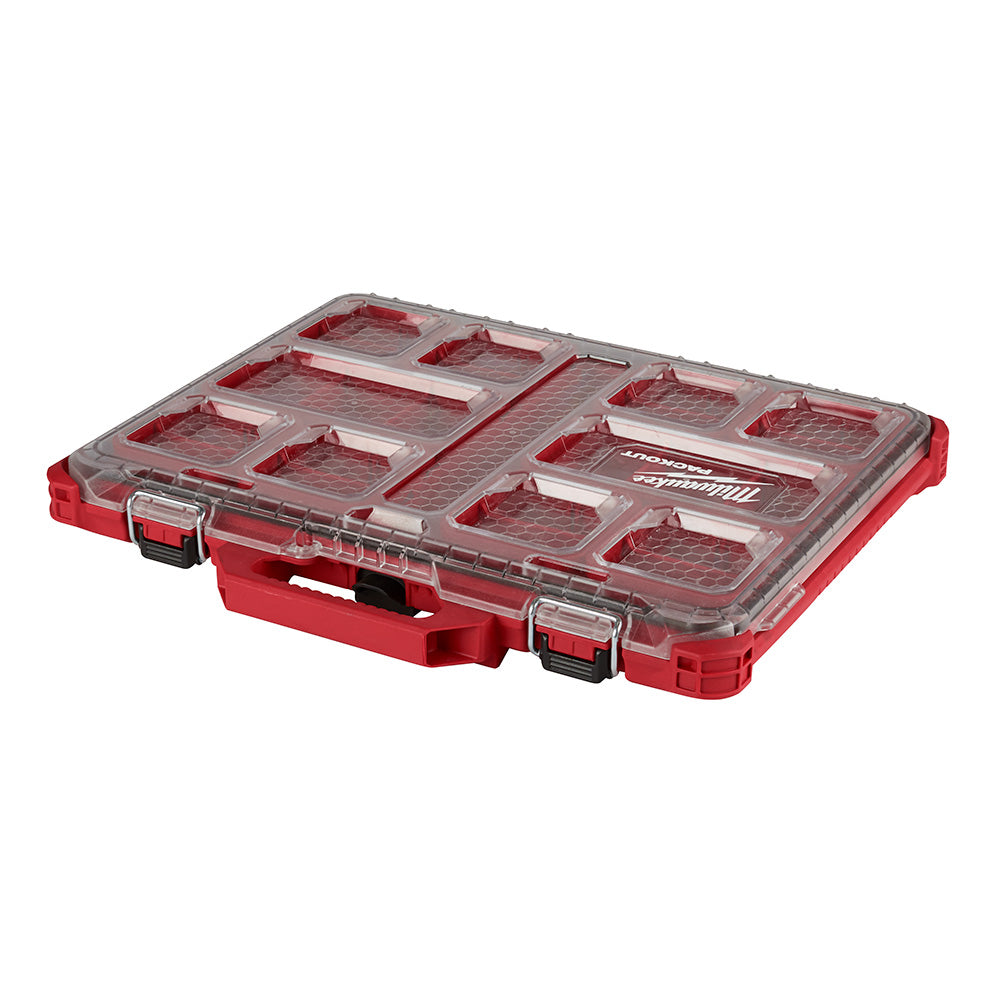 Red plastic organizer with clear lid, multiple compartments, and black metal latches on sides.