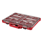 Red plastic organizer with clear lid, multiple compartments, and black metal latches on sides.