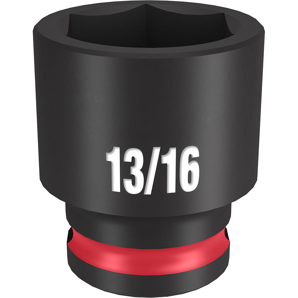 Black 3/8" drive socket with 13/16" size marking and red grip band around base.