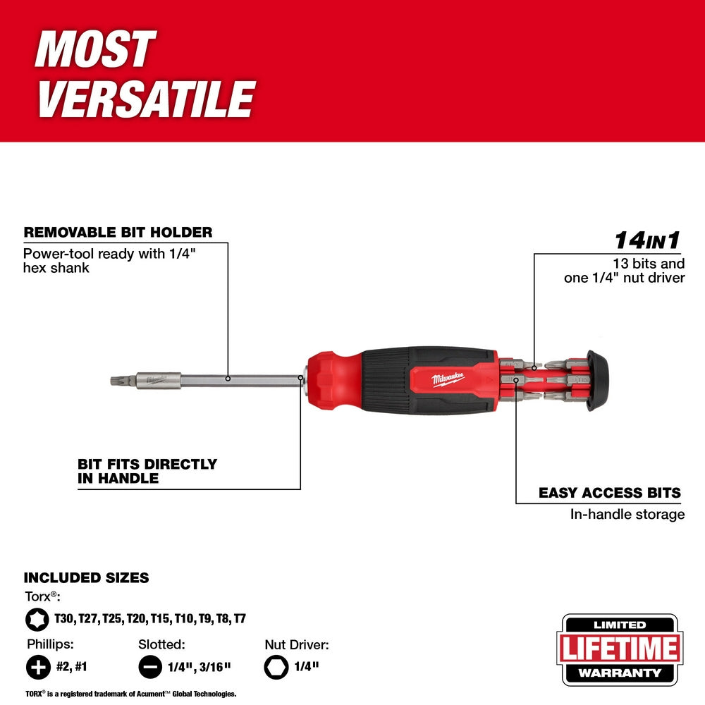 Red and black Milwaukee multi-bit screwdriver with removable hex shank holder and in-handle bit storage.