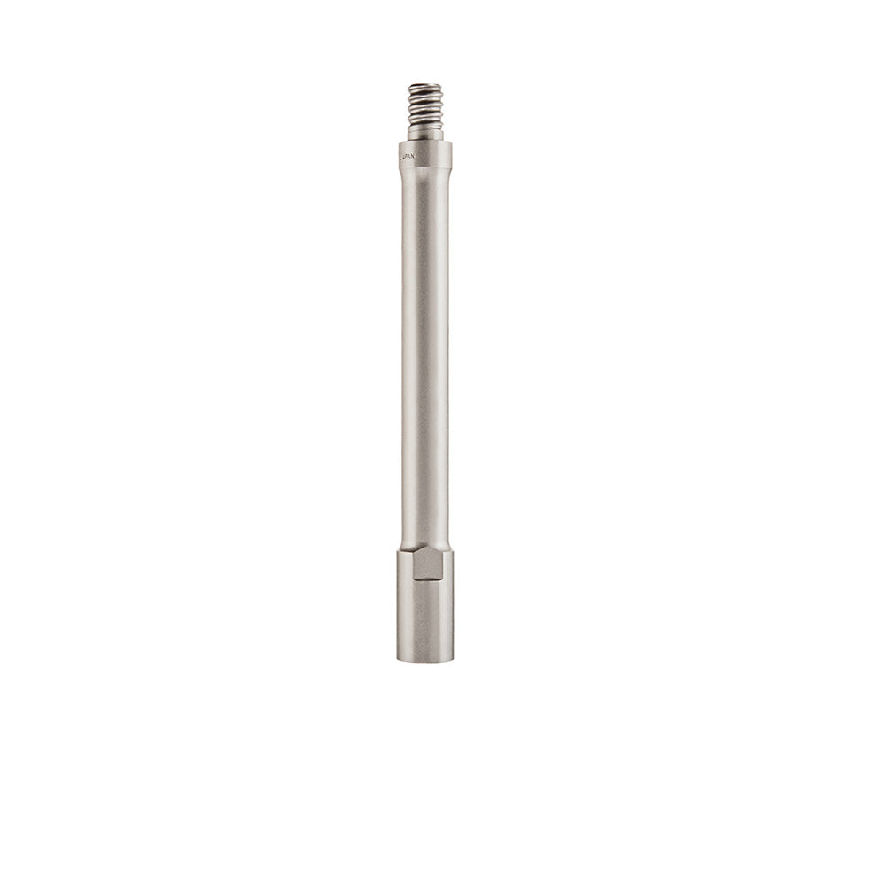 Silver metal extension rod with threaded top and hexagonal socket connection at bottom for SDS Plus core bits.