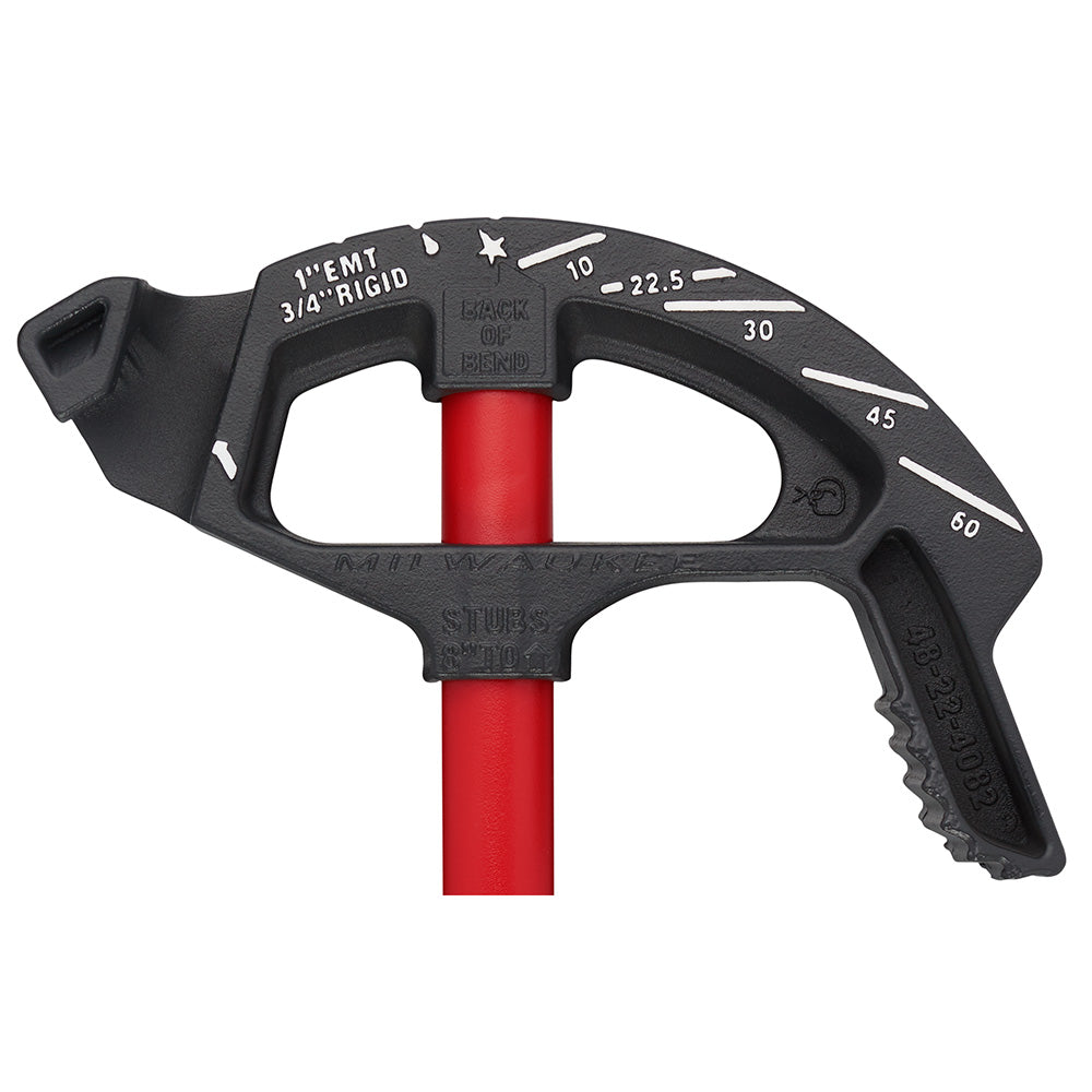 Black and red conduit bender with degree markings from 10 to 60 degrees and size indicators for 1 inch EMT and 3/4 inch rigid