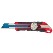 Red and black snap-off utility knife with metal lock wheel and extended blue blade.