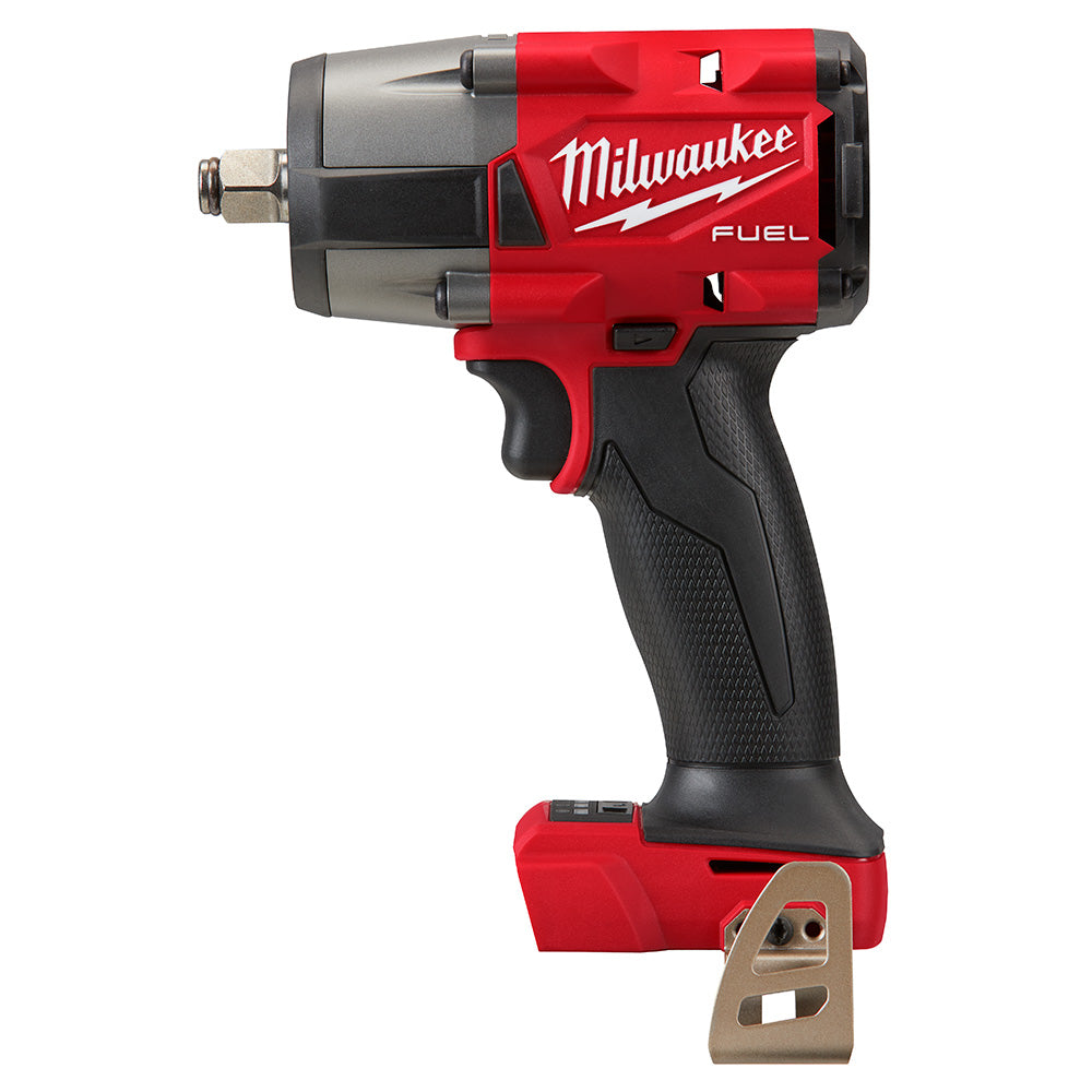Milwaukee M18 FUEL 1/2 mid-torque impact wrench with red and black housing and friction ring socket adapter.