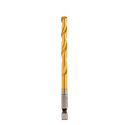 Gold-coated twist drill bit with 1/4 inch diameter and hexagonal shank for power tool attachment.