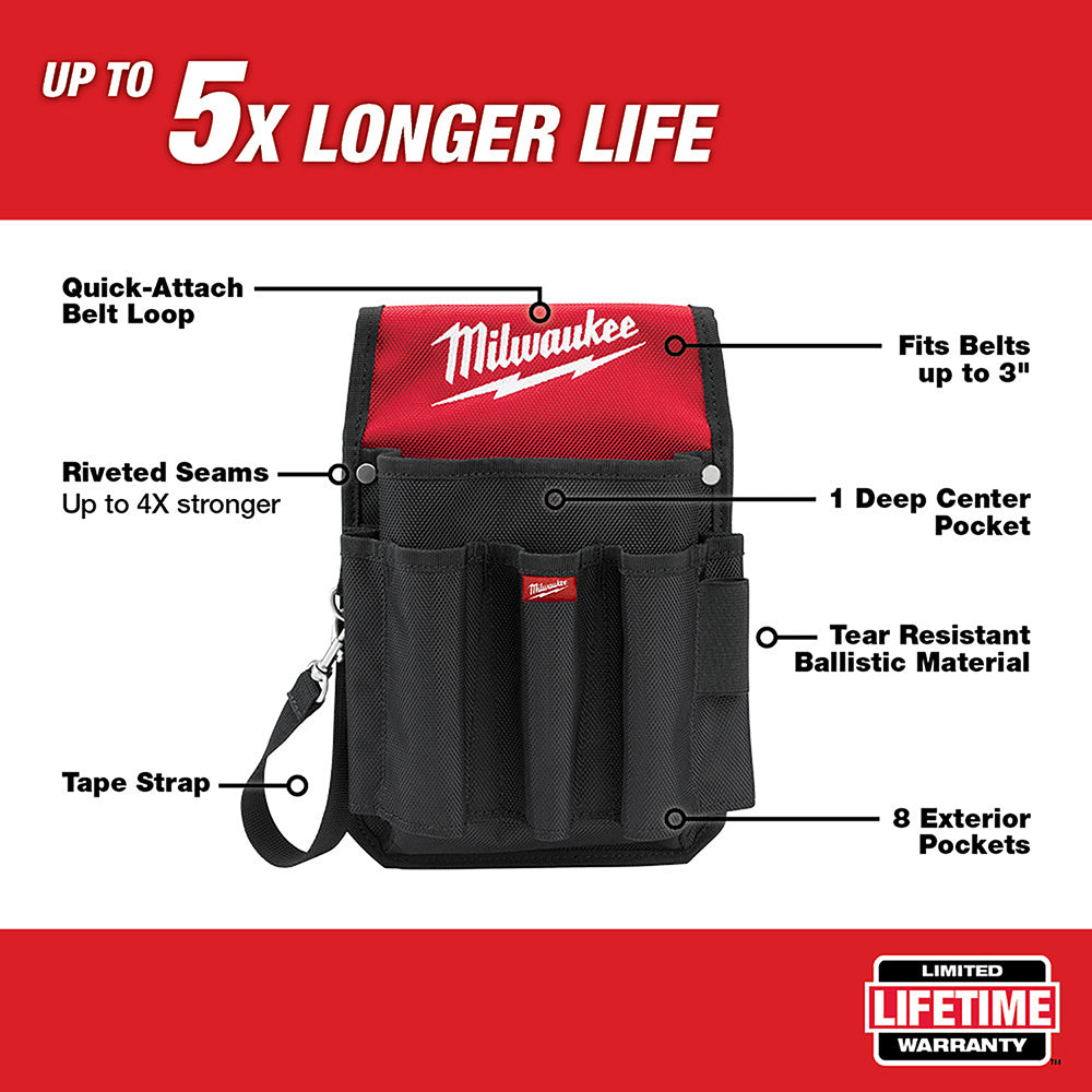 Black and red Milwaukee utility pouch with belt loop, multiple pockets, riveted seams, and tape strap.