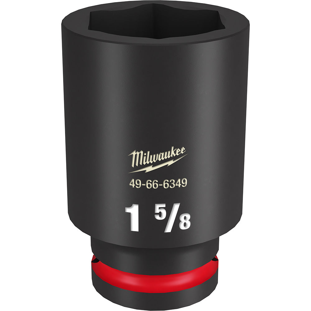 Black 1-5/8" deep impact socket with hexagonal opening and red grip ring at base.