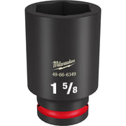 Black 1-5/8" deep impact socket with hexagonal opening and red grip ring at base.