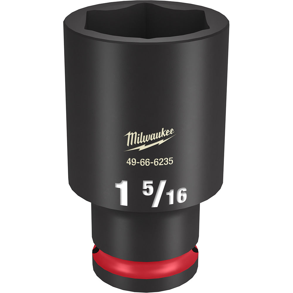 Black Milwaukee deep socket with 1 5/16" size marking and red grip band on 1/2" drive end.