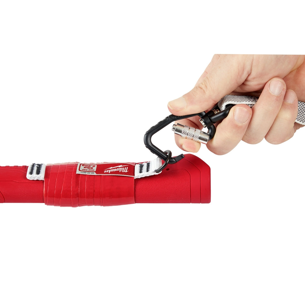 Black D-ring carabiner attached to red web strap with metal buckles, held in hand.