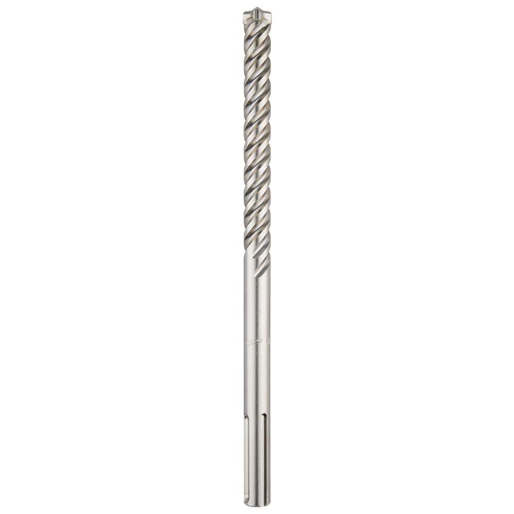 Silver SDS MAX drill bit with spiral flutes and chisel point tip, approximately 3/4" diameter and 24" length.
