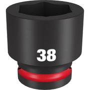 Black 38MM impact socket with hexagonal opening, red grip band, and "38" marking on barrel.