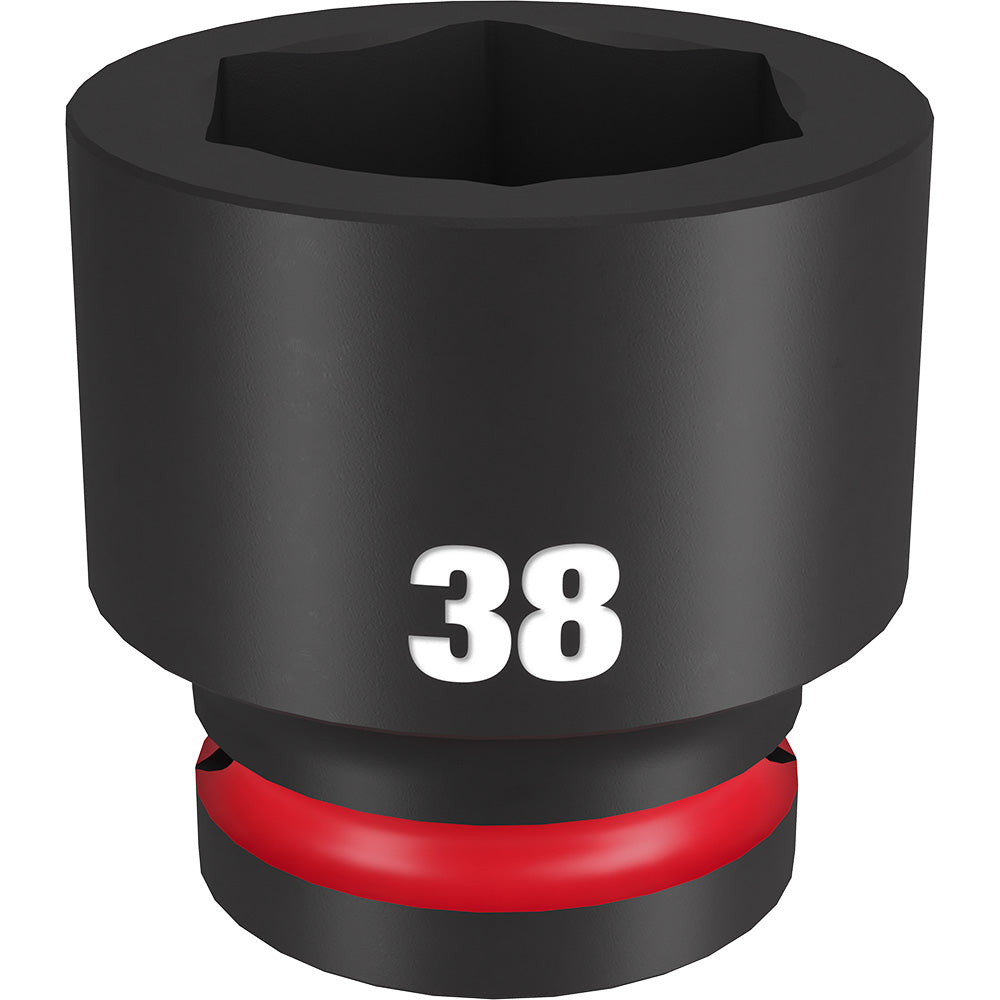 Black 38MM impact socket with hexagonal opening, red grip band, and "38" marking on barrel.
