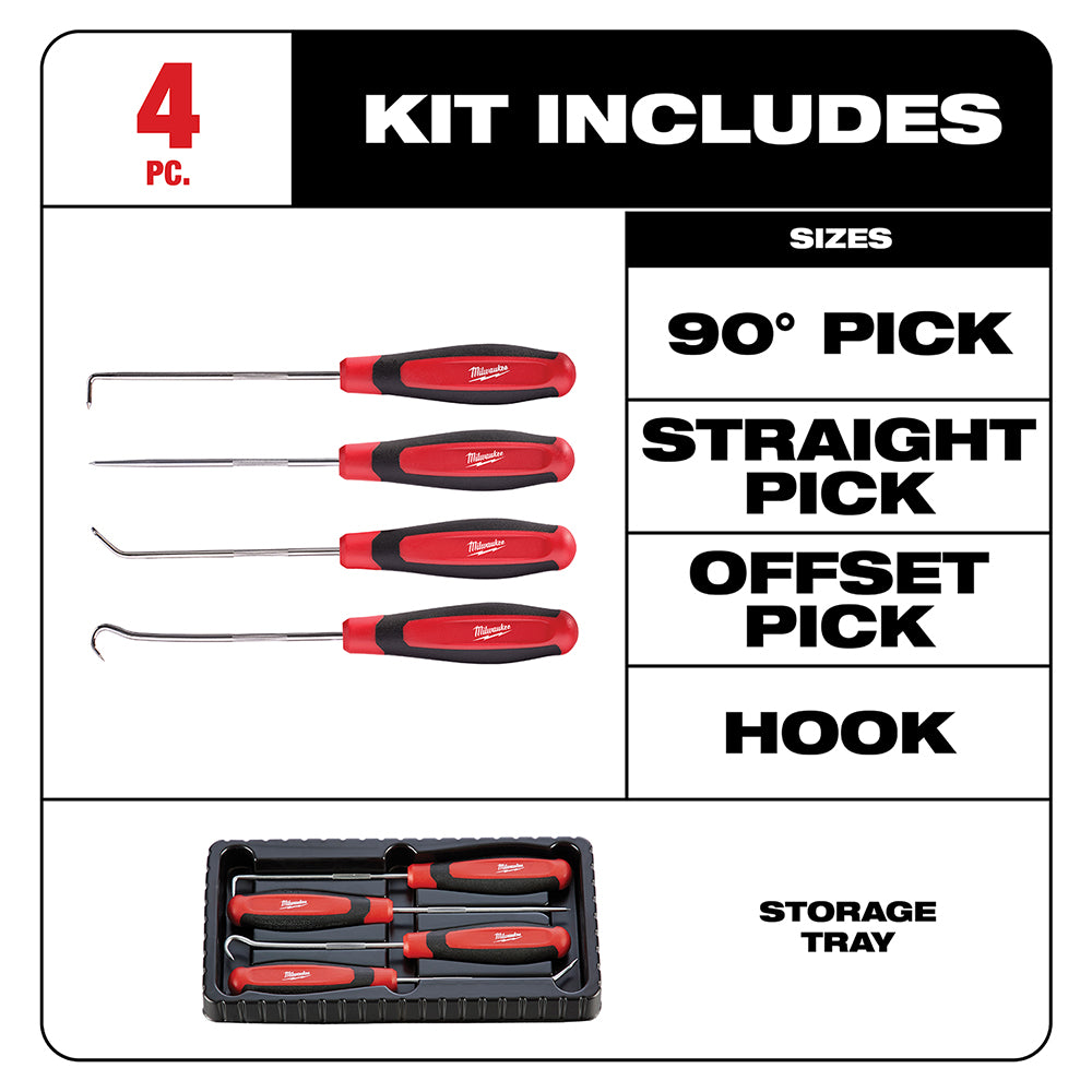 Four Milwaukee hook and pick tools with red and black handles displayed above a black storage tray.