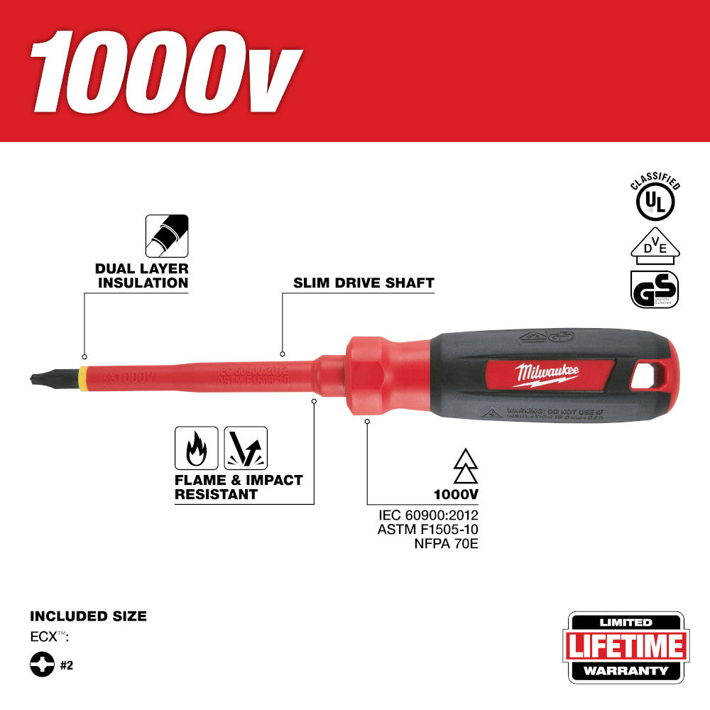 Red and black Milwaukee 1000V insulated screwdriver with #2 Phillips bit and dual layer insulation on handle.