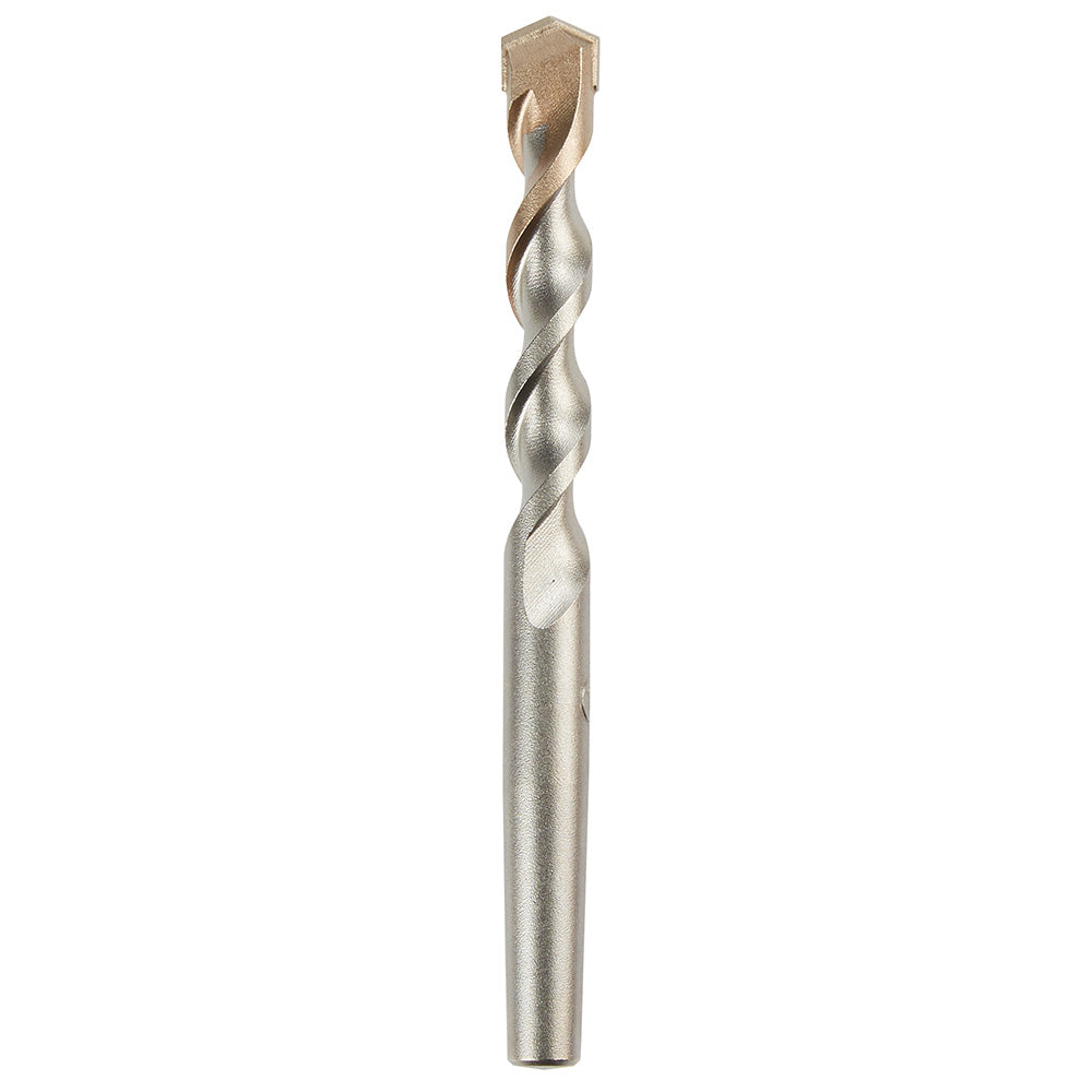 Metallic twist drill bit with hexagonal head and spiral flutes along the shaft.