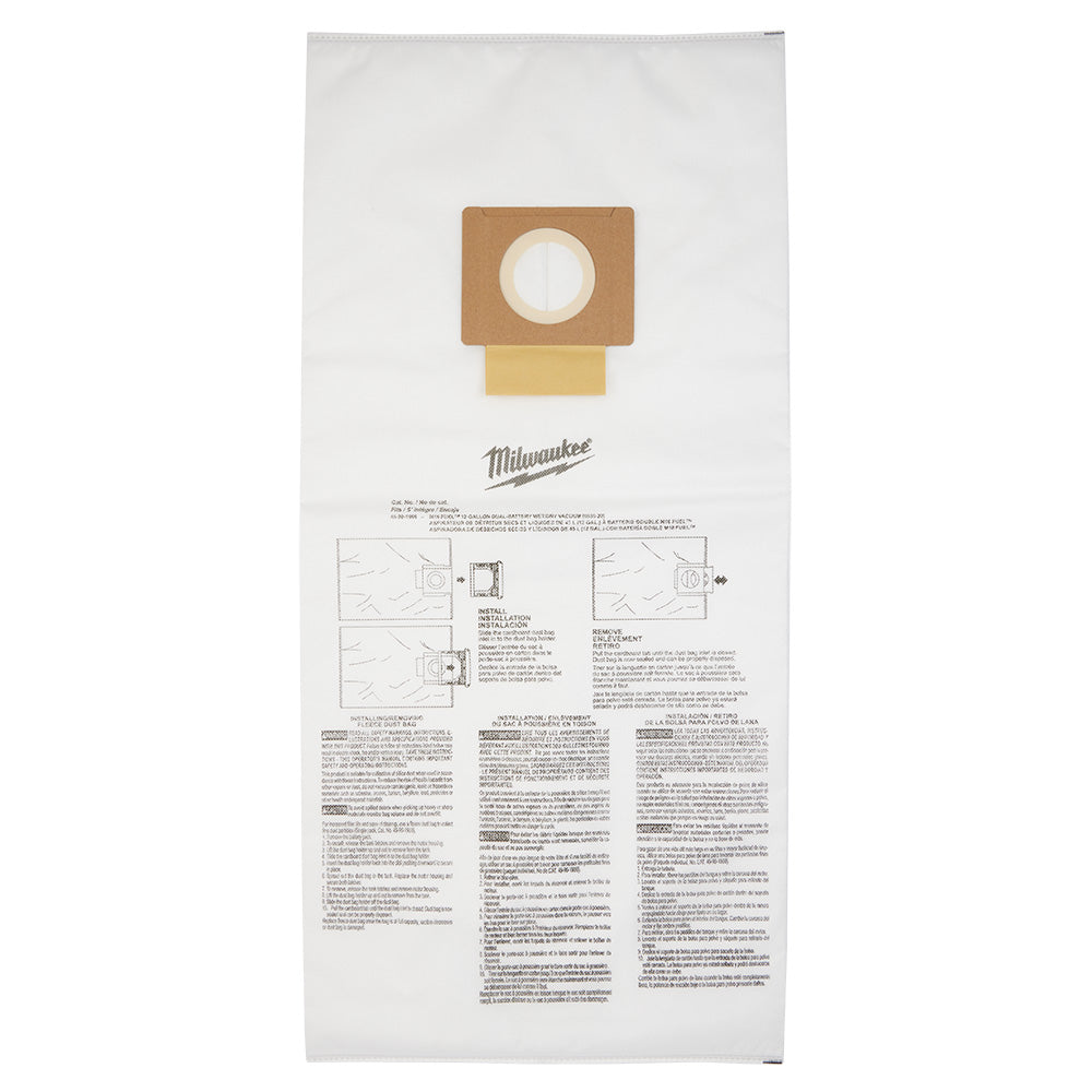 White fleece dust bag with brown cardboard collar and yellow extension sleeve for 12-gallon wet/dry vacuums.