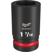 Black Milwaukee impact socket with 1-7/16" size marking, hexagonal drive opening, and red grip band at base.