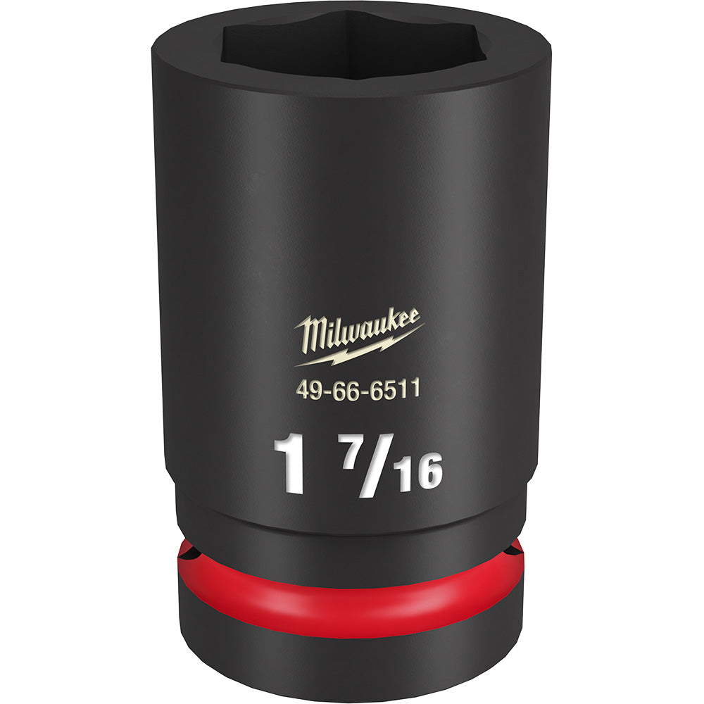 Black Milwaukee impact socket with 1-7/16" size marking, hexagonal drive opening, and red grip band at base.