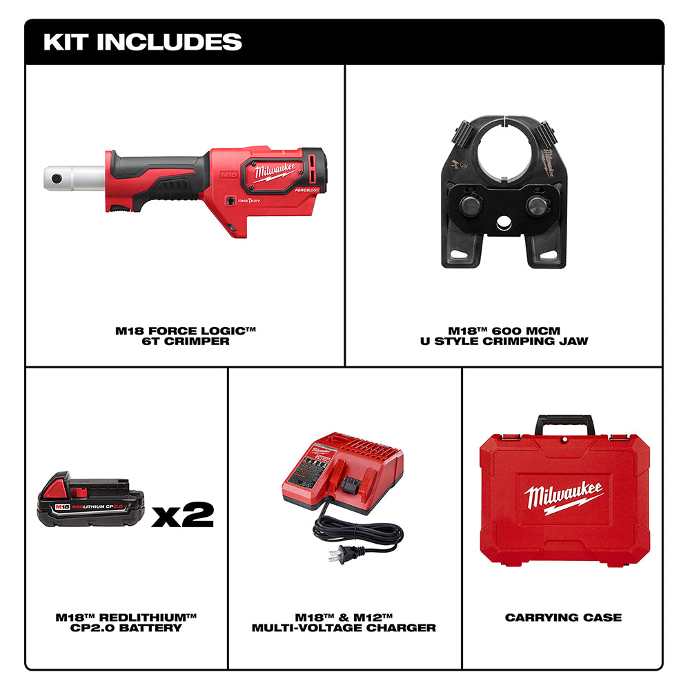 Red and black M18 Force Logic crimper with U-style 600 MCM jaw, two batteries, charger, and red carrying case.