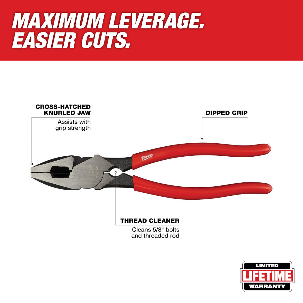Milwaukee 8" diagonal cutters with red dipped grip handles, cross-hatched jaw, and thread cleaner feature.