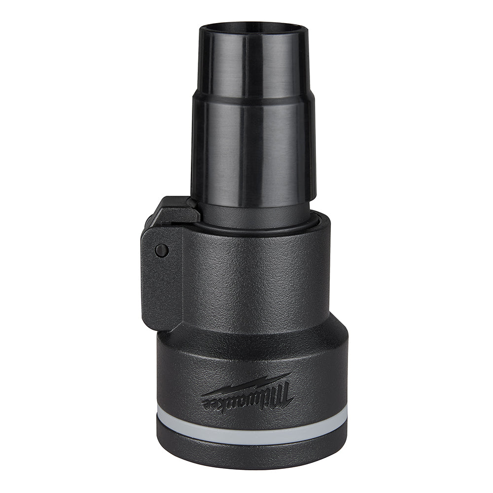 Black plastic dust extraction adaptor with cylindrical upper connection and wider base with mounting bracket.