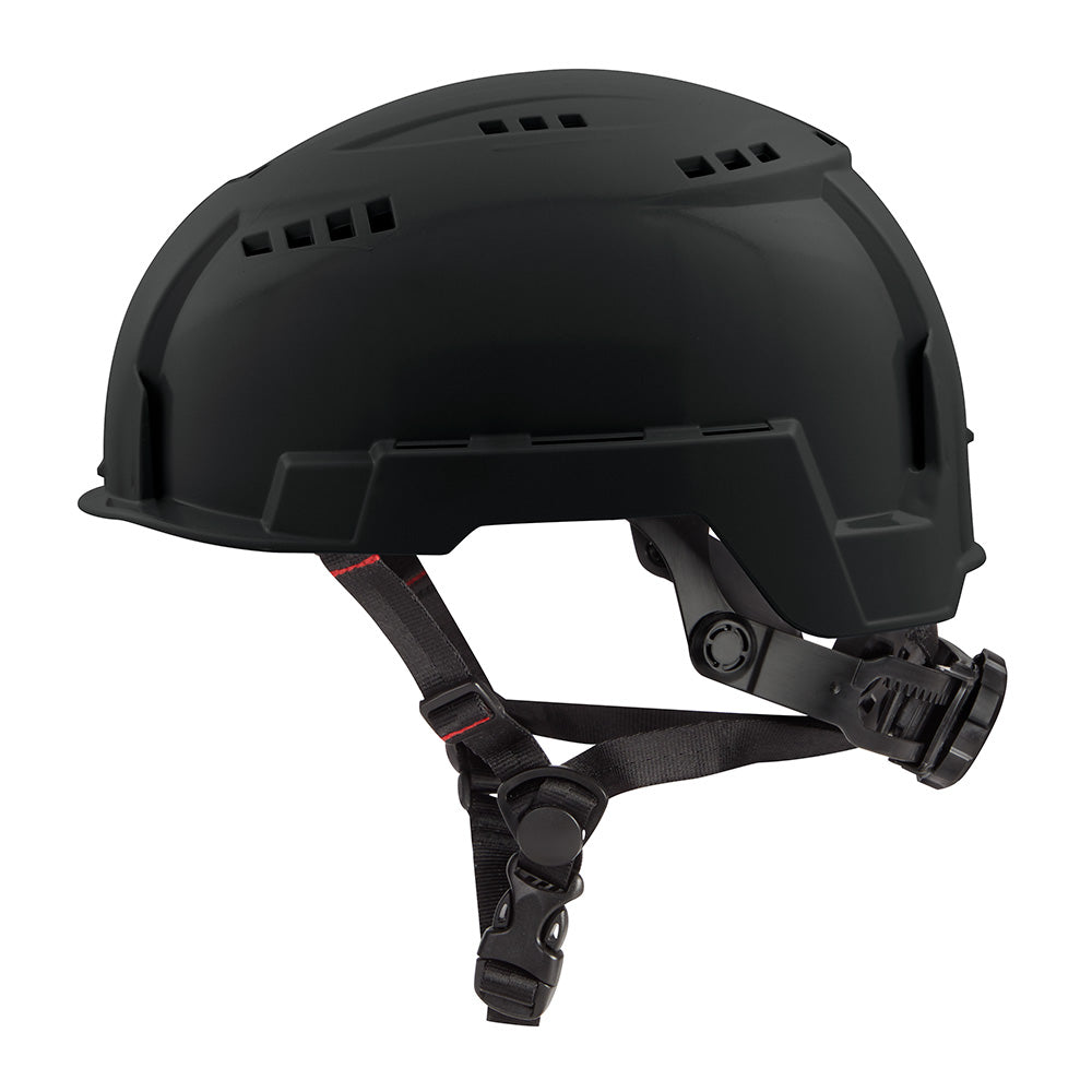 Black vented safety helmet with adjustable chin strap and ventilation slots on crown and sides.