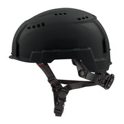 Black vented safety helmet with adjustable chin strap and ventilation slots on crown and sides.