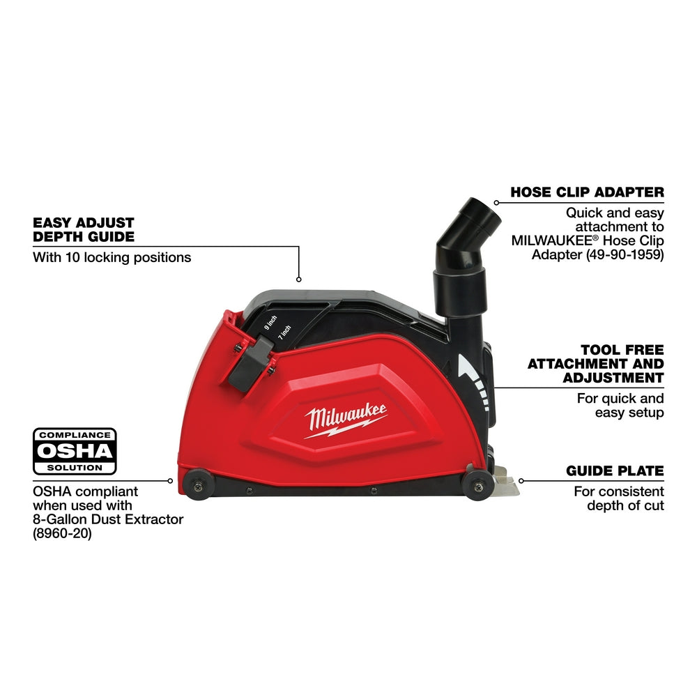 Red and black Milwaukee angle grinder cutting shroud with depth guide, hose adapter, and guide plate attachment.