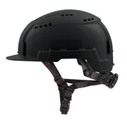 Black vented safety helmet with front brim, chin straps, and side ventilation slots.
