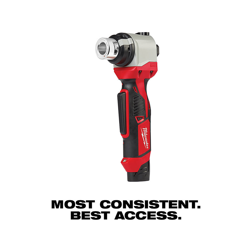 Milwaukee M12 cordless cable stripper with red and black handle and rotating head attachment.