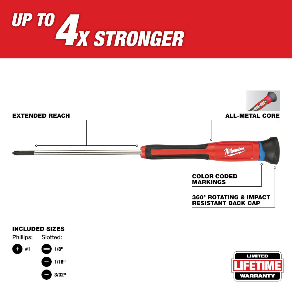 Milwaukee precision screwdriver with red and black handle, extended reach shaft, and rotating impact-resistant back cap.