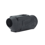 Black Milwaukee M18 FUEL blind rivet tool with protective rubber boot and front nozzle opening.