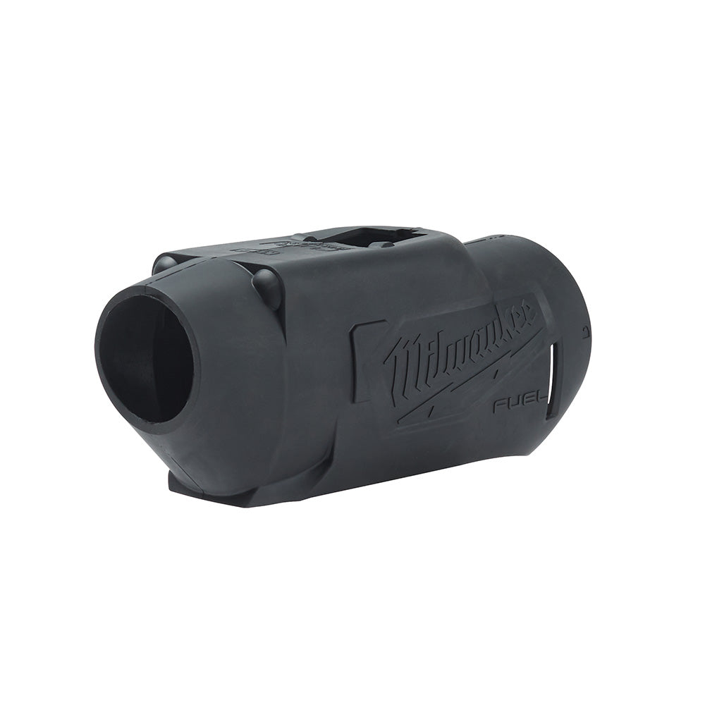 Black Milwaukee M18 FUEL blind rivet tool with protective rubber boot and front nozzle opening.