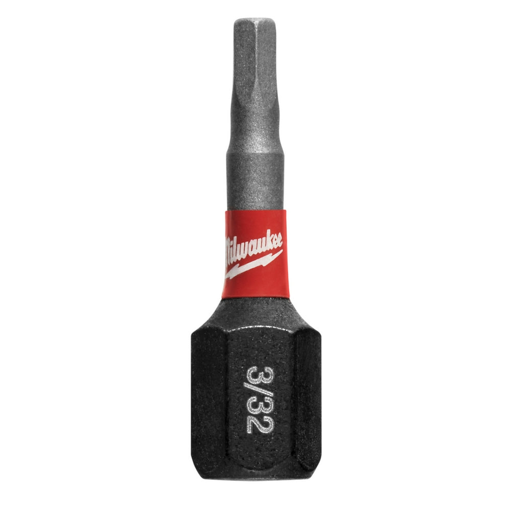 Milwaukee Shockwave hex insert bit 3/32 in. with red band and black hexagonal socket marked "3/32".