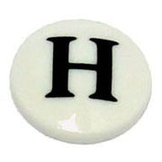 White circular porcelain insert with black "H" letter marking for hot water faucet handle.