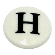 White circular porcelain insert with black "H" letter marking for hot water faucet handle.