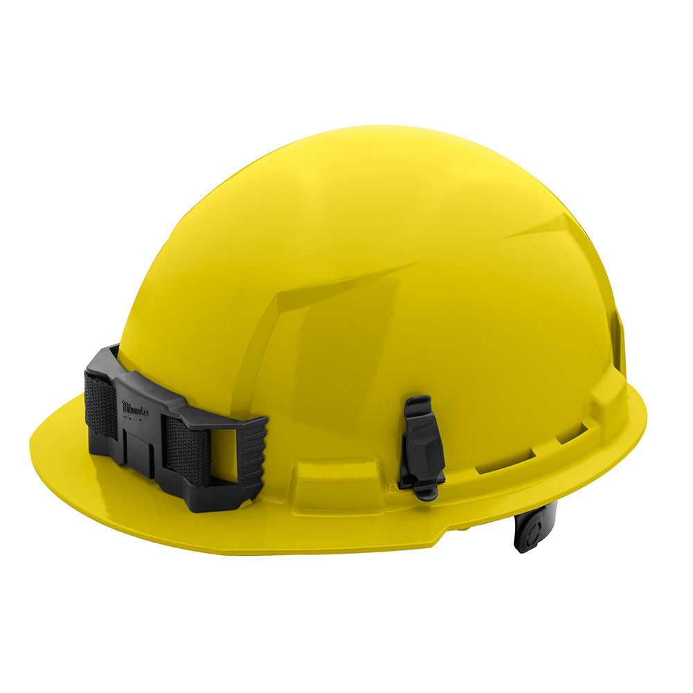 Yellow hard hat with black front brim, ratcheting suspension system, and side attachment points.