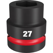 Black 27MM impact socket with 6-point hexagonal opening and red grip band, 1" drive size.