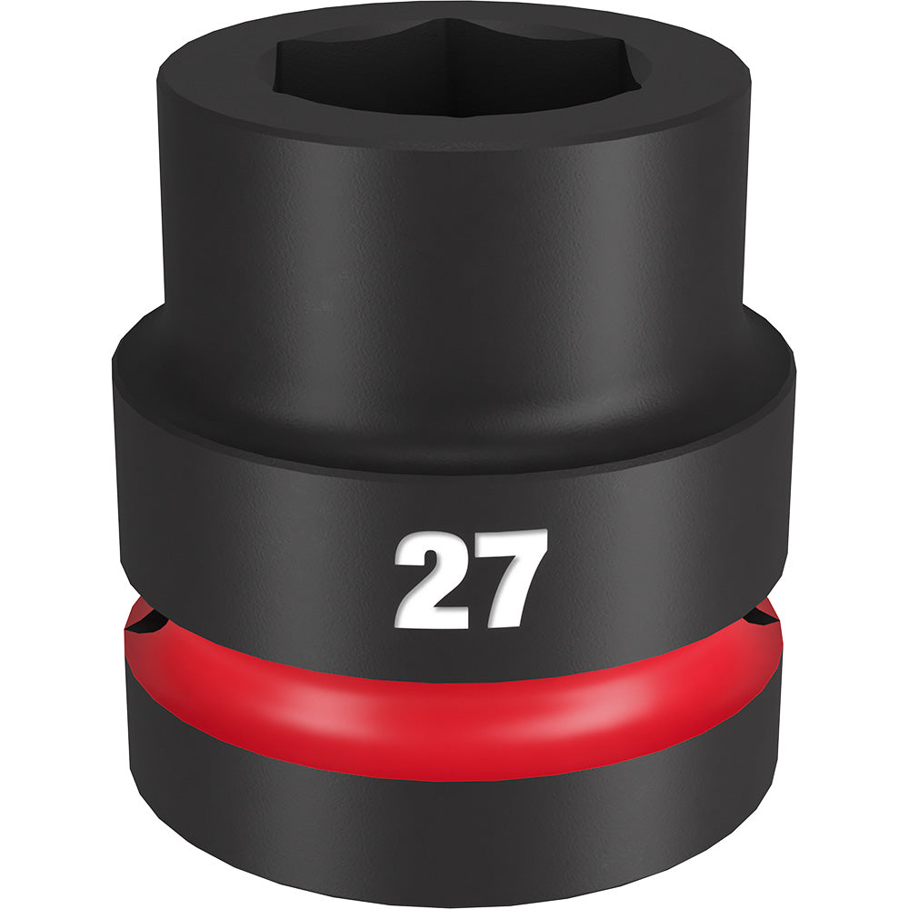 Black 27MM impact socket with 6-point hexagonal opening and red grip band, 1" drive size.