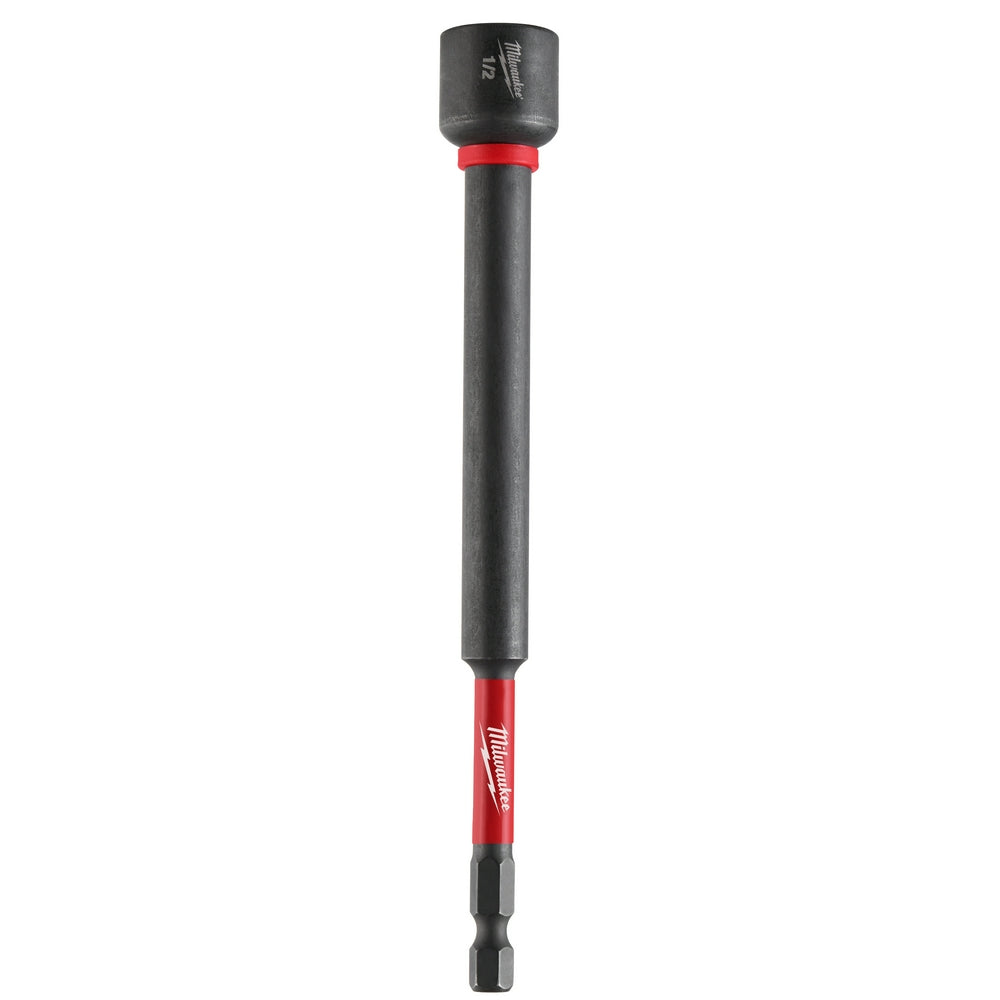 Black and red Milwaukee magnetic nut driver with 1/2" hex socket head and 6" shaft length.