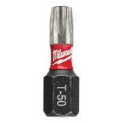 Single Milwaukee Shockwave T50 Torx impact insert bit with red band and black hexagonal head marked "T50".